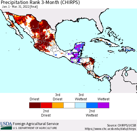 Mexico Central America and the Caribbean Precipitation Rank since 1981, 3-Month (CHIRPS) Thematic Map For 1/1/2022 - 3/31/2022