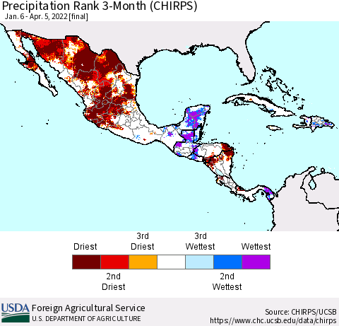 Mexico Central America and the Caribbean Precipitation Rank since 1981, 3-Month (CHIRPS) Thematic Map For 1/6/2022 - 4/5/2022