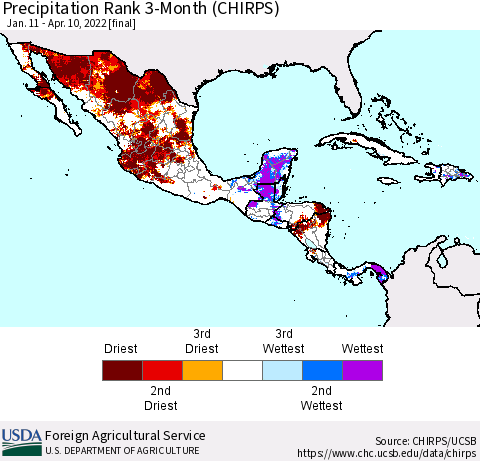Mexico Central America and the Caribbean Precipitation Rank since 1981, 3-Month (CHIRPS) Thematic Map For 1/11/2022 - 4/10/2022