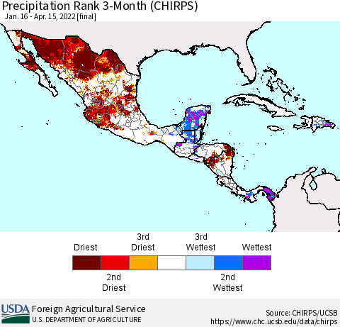 Mexico Central America and the Caribbean Precipitation Rank since 1981, 3-Month (CHIRPS) Thematic Map For 1/16/2022 - 4/15/2022