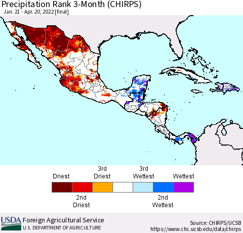 Mexico Central America and the Caribbean Precipitation Rank since 1981, 3-Month (CHIRPS) Thematic Map For 1/21/2022 - 4/20/2022