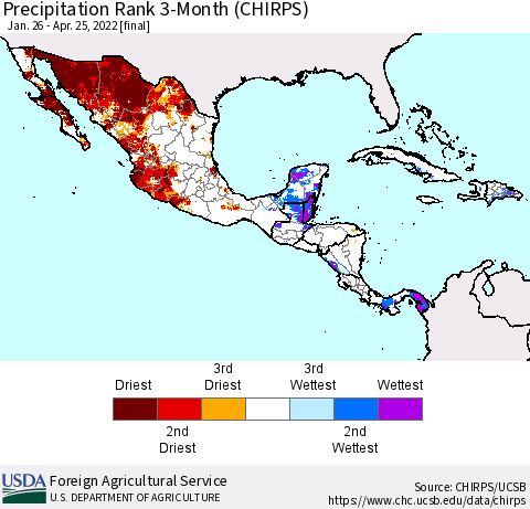 Mexico Central America and the Caribbean Precipitation Rank since 1981, 3-Month (CHIRPS) Thematic Map For 1/26/2022 - 4/25/2022