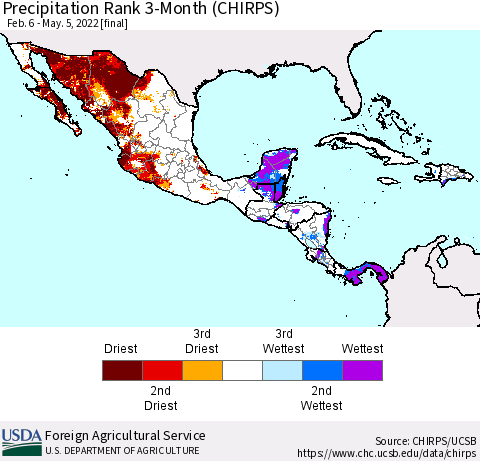 Mexico Central America and the Caribbean Precipitation Rank since 1981, 3-Month (CHIRPS) Thematic Map For 2/6/2022 - 5/5/2022
