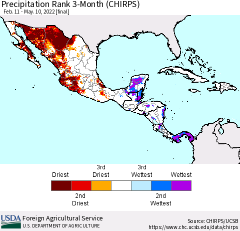 Mexico Central America and the Caribbean Precipitation Rank since 1981, 3-Month (CHIRPS) Thematic Map For 2/11/2022 - 5/10/2022