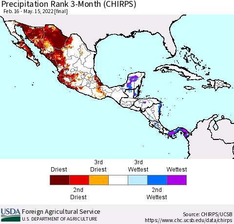 Mexico Central America and the Caribbean Precipitation Rank since 1981, 3-Month (CHIRPS) Thematic Map For 2/16/2022 - 5/15/2022