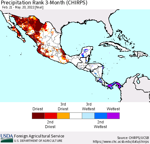 Mexico Central America and the Caribbean Precipitation Rank since 1981, 3-Month (CHIRPS) Thematic Map For 2/21/2022 - 5/20/2022
