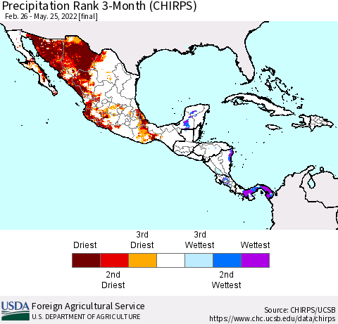 Mexico Central America and the Caribbean Precipitation Rank since 1981, 3-Month (CHIRPS) Thematic Map For 2/26/2022 - 5/25/2022