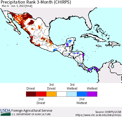 Mexico Central America and the Caribbean Precipitation Rank since 1981, 3-Month (CHIRPS) Thematic Map For 3/6/2022 - 6/5/2022