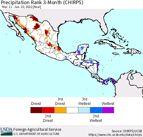 Mexico Central America and the Caribbean Precipitation Rank since 1981, 3-Month (CHIRPS) Thematic Map For 3/11/2022 - 6/10/2022