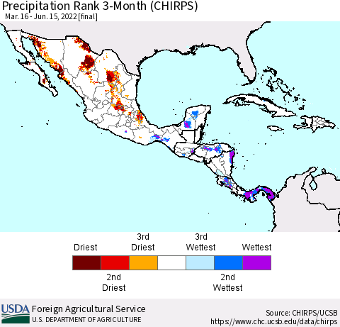 Mexico Central America and the Caribbean Precipitation Rank since 1981, 3-Month (CHIRPS) Thematic Map For 3/16/2022 - 6/15/2022