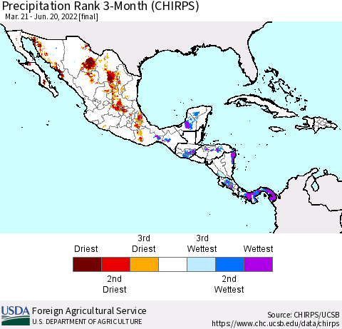 Mexico Central America and the Caribbean Precipitation Rank since 1981, 3-Month (CHIRPS) Thematic Map For 3/21/2022 - 6/20/2022