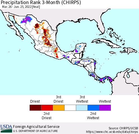 Mexico Central America and the Caribbean Precipitation Rank since 1981, 3-Month (CHIRPS) Thematic Map For 3/26/2022 - 6/25/2022