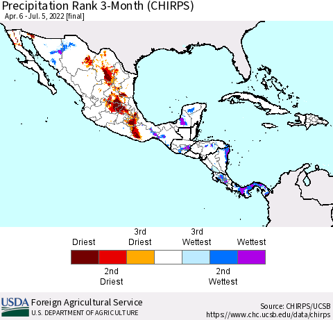 Mexico Central America and the Caribbean Precipitation Rank since 1981, 3-Month (CHIRPS) Thematic Map For 4/6/2022 - 7/5/2022