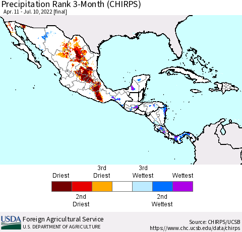 Mexico Central America and the Caribbean Precipitation Rank since 1981, 3-Month (CHIRPS) Thematic Map For 4/11/2022 - 7/10/2022
