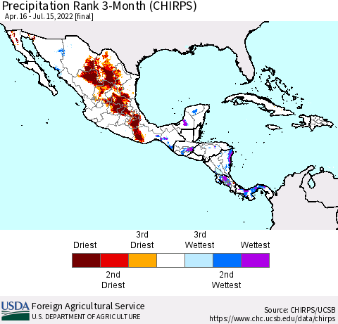 Mexico Central America and the Caribbean Precipitation Rank since 1981, 3-Month (CHIRPS) Thematic Map For 4/16/2022 - 7/15/2022