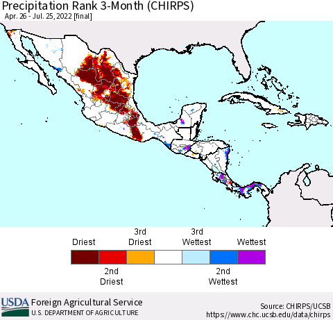 Mexico Central America and the Caribbean Precipitation Rank since 1981, 3-Month (CHIRPS) Thematic Map For 4/26/2022 - 7/25/2022