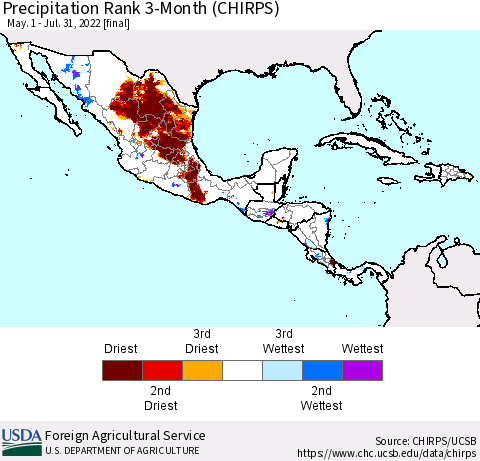 Mexico Central America and the Caribbean Precipitation Rank since 1981, 3-Month (CHIRPS) Thematic Map For 5/1/2022 - 7/31/2022