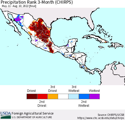 Mexico Central America and the Caribbean Precipitation Rank since 1981, 3-Month (CHIRPS) Thematic Map For 5/11/2022 - 8/10/2022