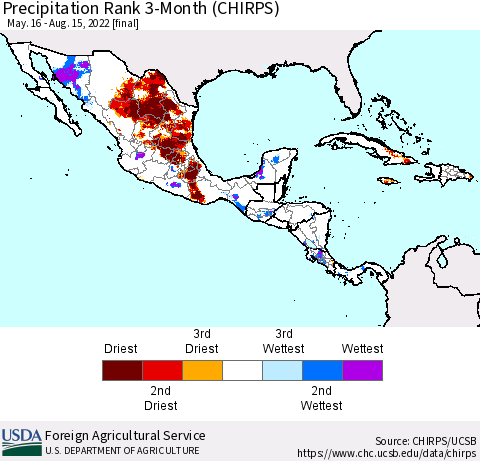 Mexico Central America and the Caribbean Precipitation Rank since 1981, 3-Month (CHIRPS) Thematic Map For 5/16/2022 - 8/15/2022