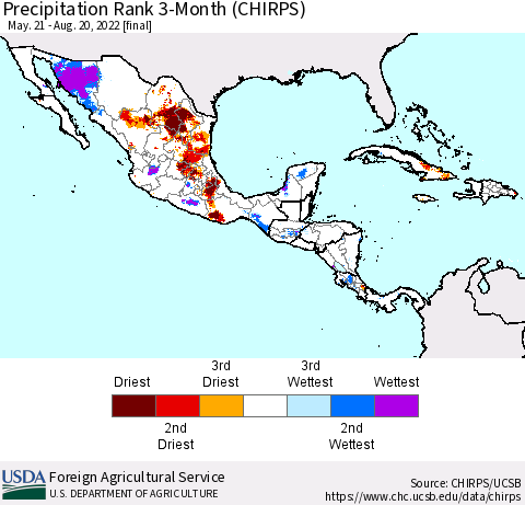 Mexico Central America and the Caribbean Precipitation Rank since 1981, 3-Month (CHIRPS) Thematic Map For 5/21/2022 - 8/20/2022
