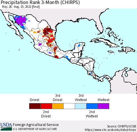 Mexico Central America and the Caribbean Precipitation Rank since 1981, 3-Month (CHIRPS) Thematic Map For 5/26/2022 - 8/25/2022