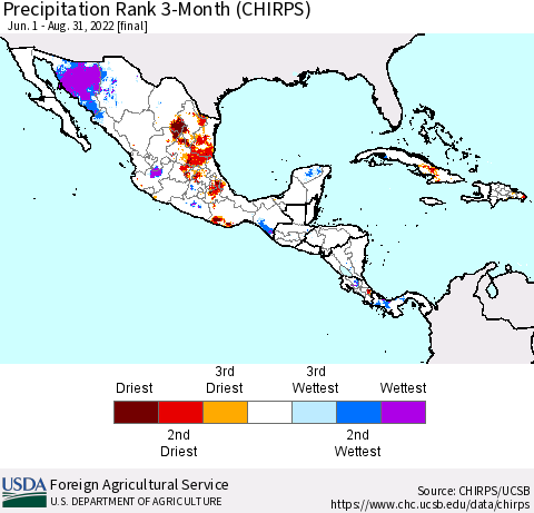 Mexico Central America and the Caribbean Precipitation Rank since 1981, 3-Month (CHIRPS) Thematic Map For 6/1/2022 - 8/31/2022