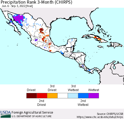 Mexico Central America and the Caribbean Precipitation Rank since 1981, 3-Month (CHIRPS) Thematic Map For 6/6/2022 - 9/5/2022