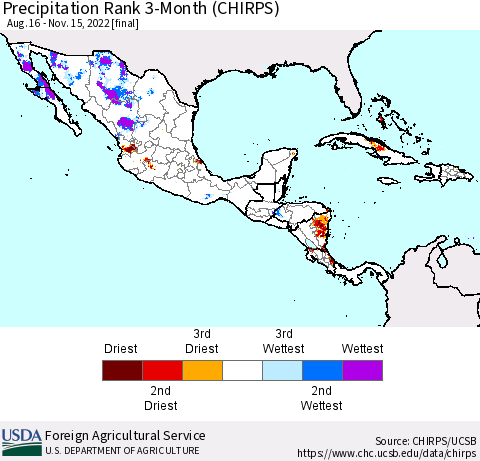 Mexico Central America and the Caribbean Precipitation Rank since 1981, 3-Month (CHIRPS) Thematic Map For 8/16/2022 - 11/15/2022