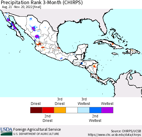 Mexico Central America and the Caribbean Precipitation Rank since 1981, 3-Month (CHIRPS) Thematic Map For 8/21/2022 - 11/20/2022
