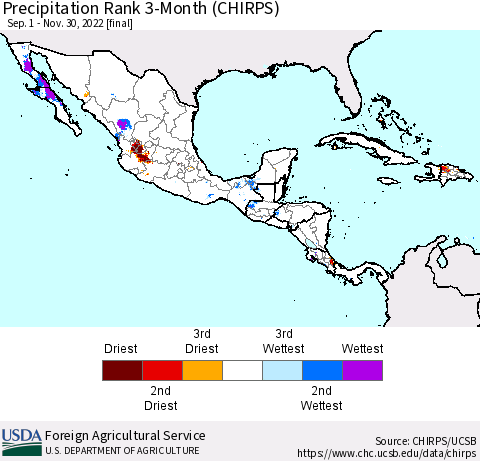 Mexico Central America and the Caribbean Precipitation Rank since 1981, 3-Month (CHIRPS) Thematic Map For 9/1/2022 - 11/30/2022
