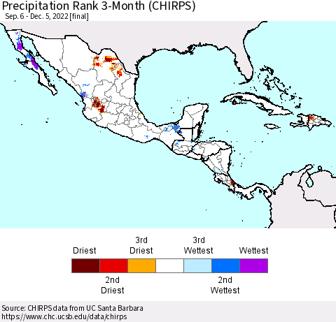 Mexico Central America and the Caribbean Precipitation Rank since 1981, 3-Month (CHIRPS) Thematic Map For 9/6/2022 - 12/5/2022