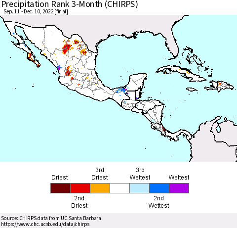 Mexico Central America and the Caribbean Precipitation Rank since 1981, 3-Month (CHIRPS) Thematic Map For 9/11/2022 - 12/10/2022
