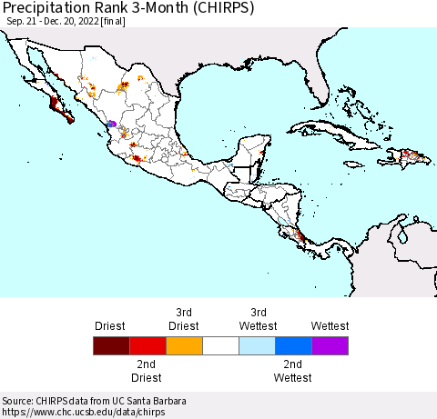 Mexico Central America and the Caribbean Precipitation Rank since 1981, 3-Month (CHIRPS) Thematic Map For 9/21/2022 - 12/20/2022