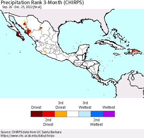 Mexico Central America and the Caribbean Precipitation Rank since 1981, 3-Month (CHIRPS) Thematic Map For 9/26/2022 - 12/25/2022