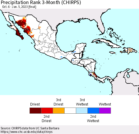 Mexico Central America and the Caribbean Precipitation Rank since 1981, 3-Month (CHIRPS) Thematic Map For 10/6/2022 - 1/5/2023