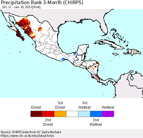Mexico Central America and the Caribbean Precipitation Rank since 1981, 3-Month (CHIRPS) Thematic Map For 10/11/2022 - 1/10/2023