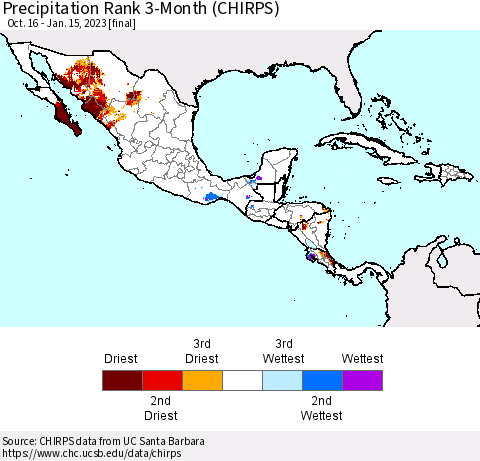 Mexico Central America and the Caribbean Precipitation Rank since 1981, 3-Month (CHIRPS) Thematic Map For 10/16/2022 - 1/15/2023