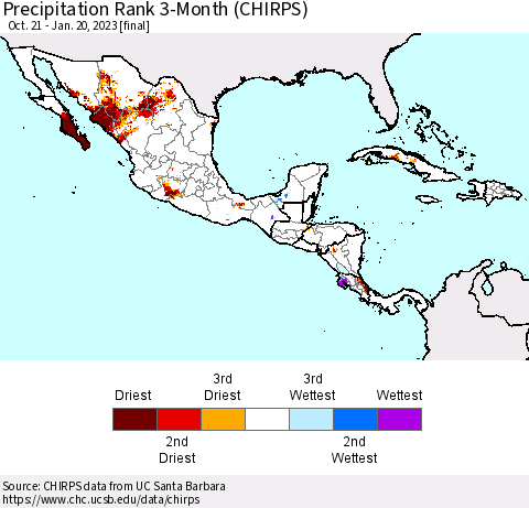 Mexico Central America and the Caribbean Precipitation Rank since 1981, 3-Month (CHIRPS) Thematic Map For 10/21/2022 - 1/20/2023