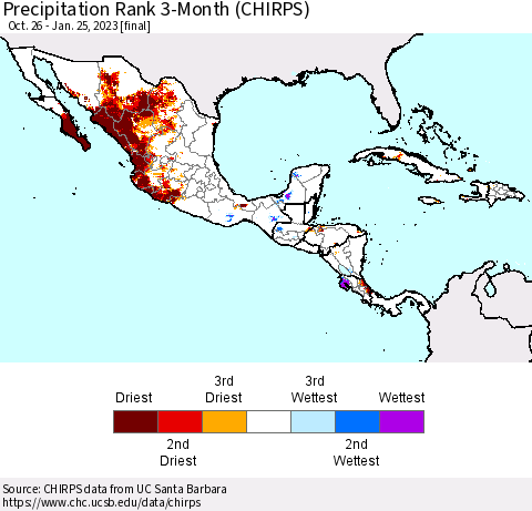 Mexico Central America and the Caribbean Precipitation Rank since 1981, 3-Month (CHIRPS) Thematic Map For 10/26/2022 - 1/25/2023