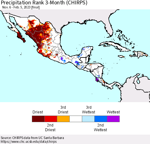 Mexico Central America and the Caribbean Precipitation Rank since 1981, 3-Month (CHIRPS) Thematic Map For 11/6/2022 - 2/5/2023