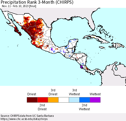 Mexico Central America and the Caribbean Precipitation Rank since 1981, 3-Month (CHIRPS) Thematic Map For 11/11/2022 - 2/10/2023