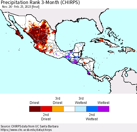 Mexico Central America and the Caribbean Precipitation Rank since 1981, 3-Month (CHIRPS) Thematic Map For 11/26/2022 - 2/25/2023