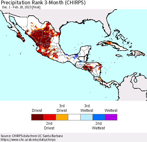 Mexico Central America and the Caribbean Precipitation Rank since 1981, 3-Month (CHIRPS) Thematic Map For 12/1/2022 - 2/28/2023