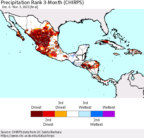 Mexico Central America and the Caribbean Precipitation Rank since 1981, 3-Month (CHIRPS) Thematic Map For 12/6/2022 - 3/5/2023