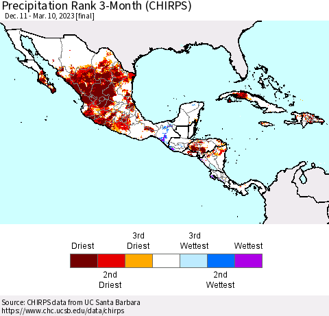 Mexico Central America and the Caribbean Precipitation Rank since 1981, 3-Month (CHIRPS) Thematic Map For 12/11/2022 - 3/10/2023