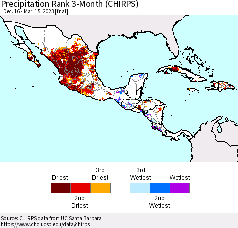 Mexico Central America and the Caribbean Precipitation Rank since 1981, 3-Month (CHIRPS) Thematic Map For 12/16/2022 - 3/15/2023