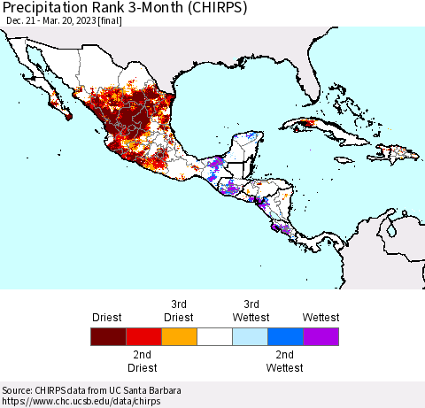 Mexico Central America and the Caribbean Precipitation Rank since 1981, 3-Month (CHIRPS) Thematic Map For 12/21/2022 - 3/20/2023