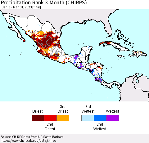 Mexico Central America and the Caribbean Precipitation Rank since 1981, 3-Month (CHIRPS) Thematic Map For 1/1/2023 - 3/31/2023