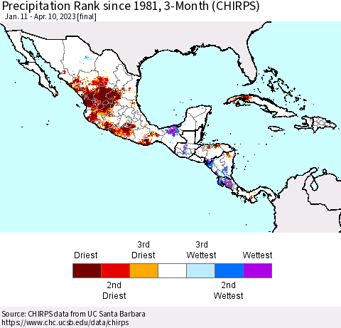 Mexico Central America and the Caribbean Precipitation Rank since 1981, 3-Month (CHIRPS) Thematic Map For 1/11/2023 - 4/10/2023