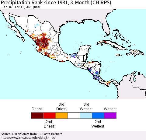 Mexico Central America and the Caribbean Precipitation Rank since 1981, 3-Month (CHIRPS) Thematic Map For 1/16/2023 - 4/15/2023